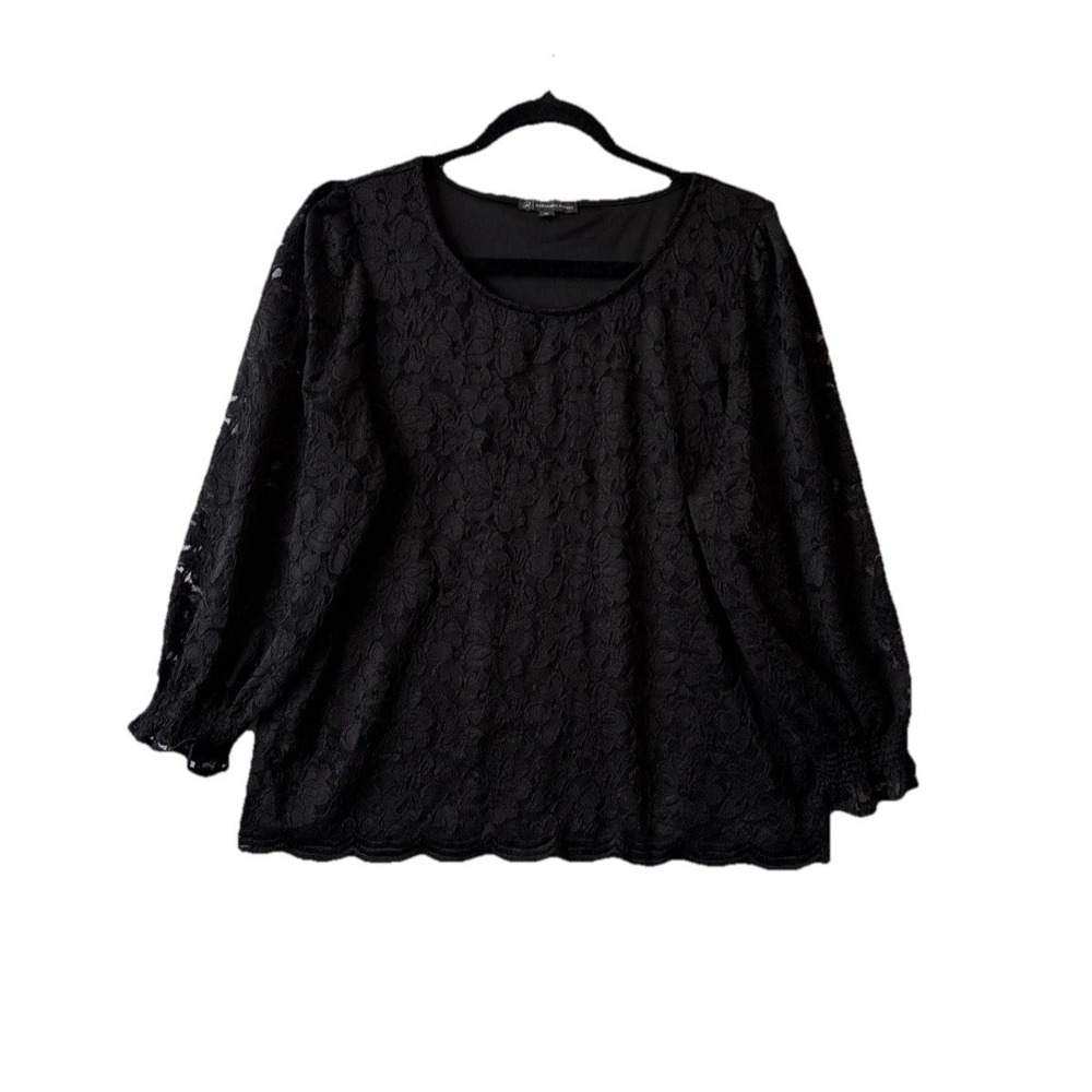 Adrianna Papell Black Floral Sheer Lace Long Sleeve Blouse XL Romantic Goth Boho